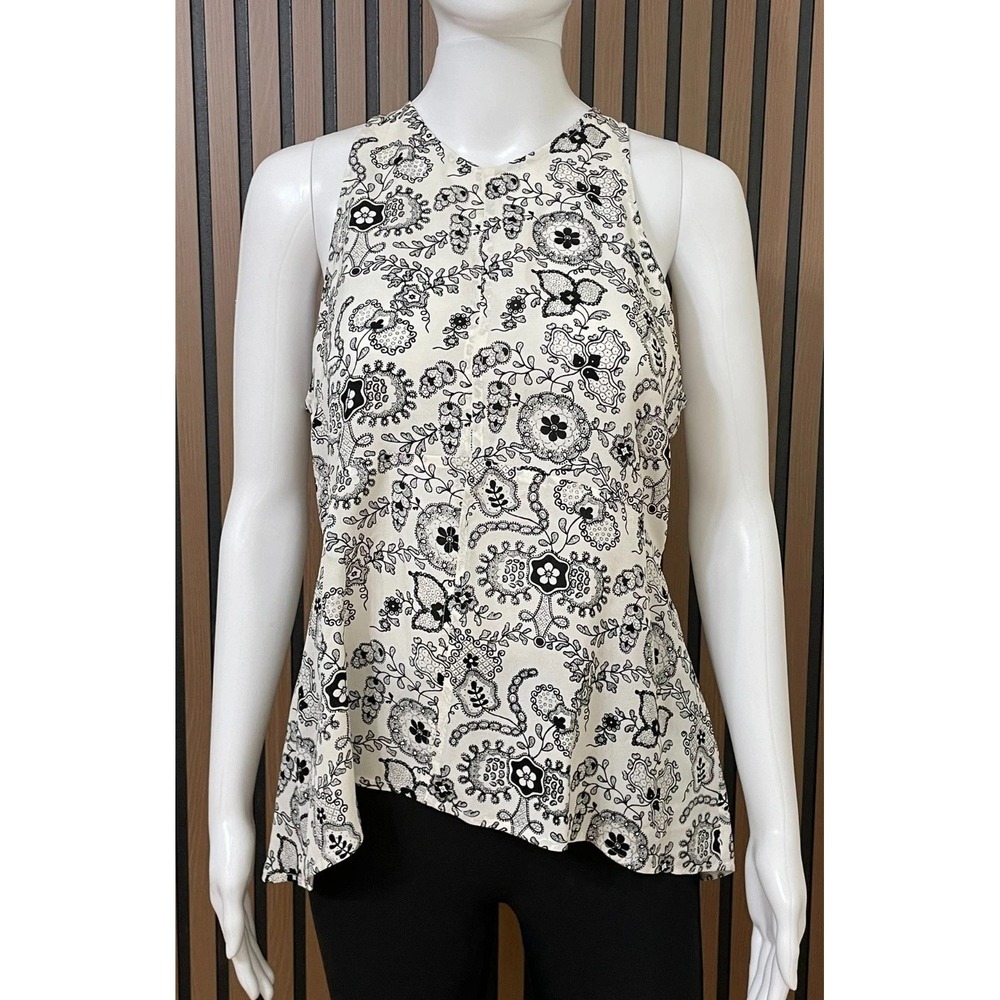 A.L.C. Stuart Women's 6 White Blouse Silk Top Floral Boho Summer Casual Beach‎